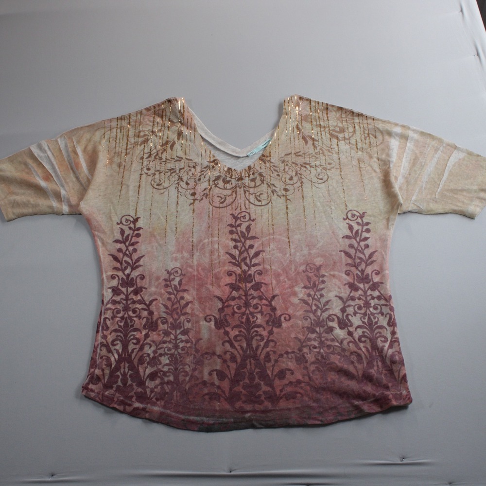Maurices Ombre Abstract Tribal Fashion V-Neck Top Pink Gold Linen Blend Large